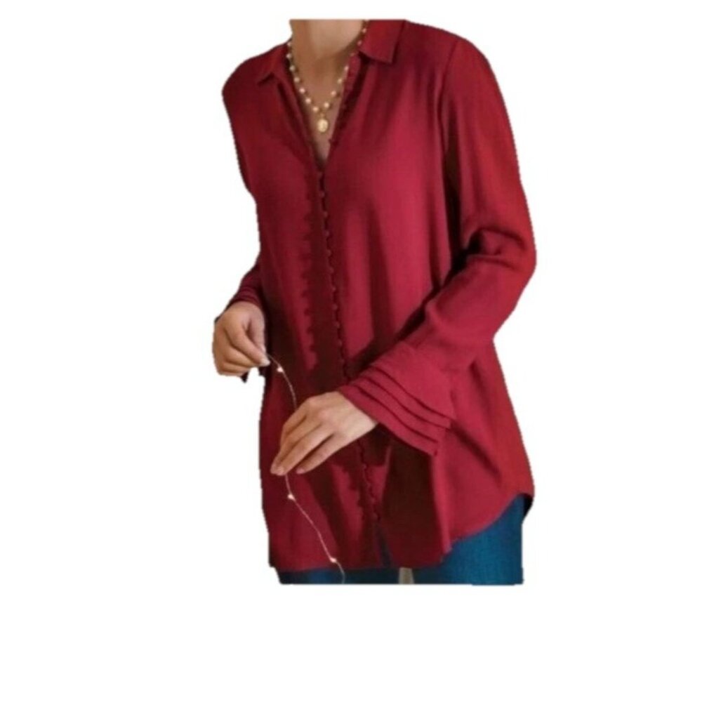 Soft Surroundings Burgundy Poet Blouse w/ Ruffled Cuffs Size L Style 2AT59